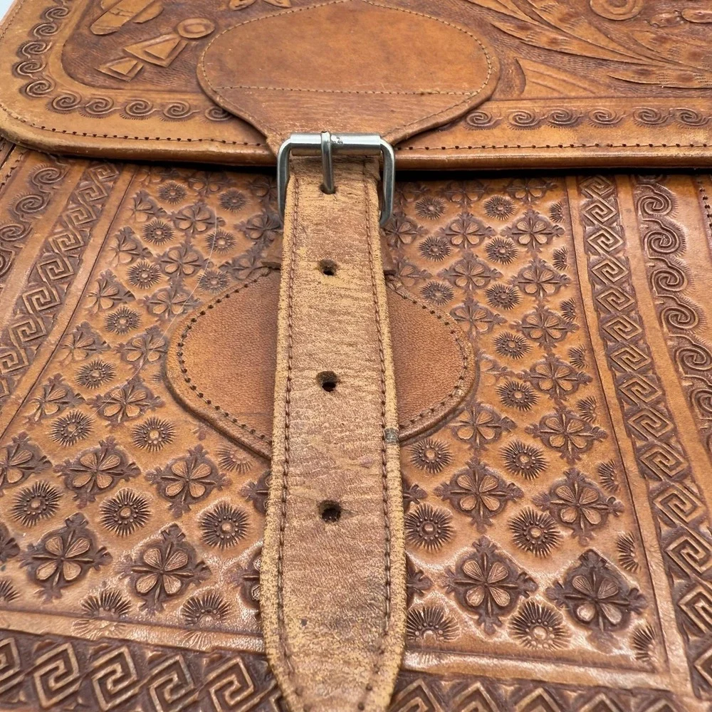 Vintage House of Uppenheim Tooled Leather Briefcase Brown Aztec Eagle Mexico Bag